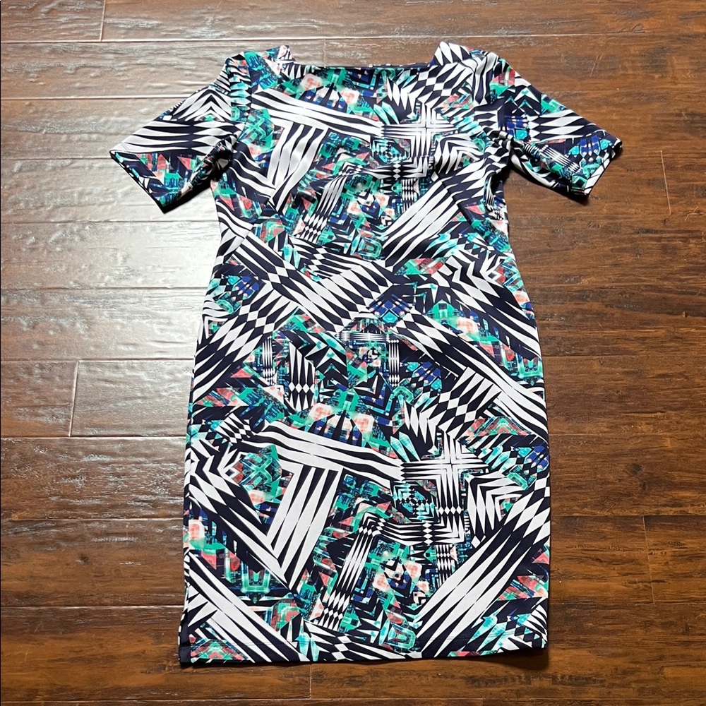 Gabby Skye Printed Geometric Sheath Dress in Navy & Teal Size 14